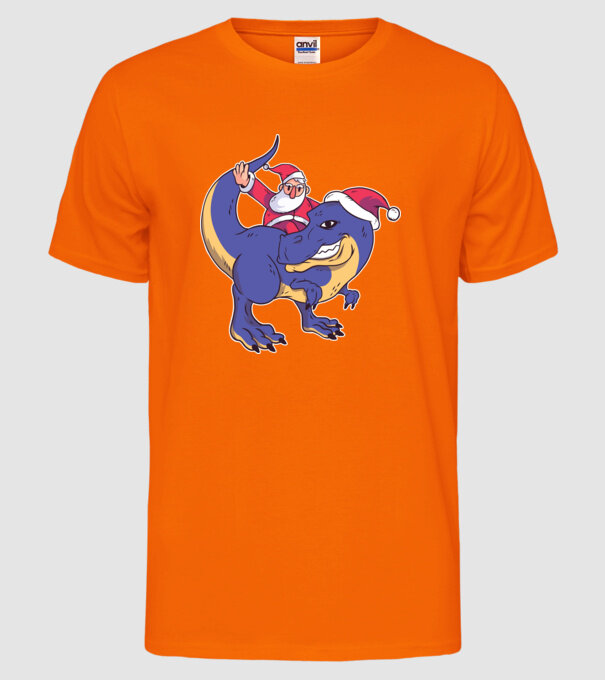 Santasaurus Moș Crăciun pe dinozaur model portocaliu neon pe tricou