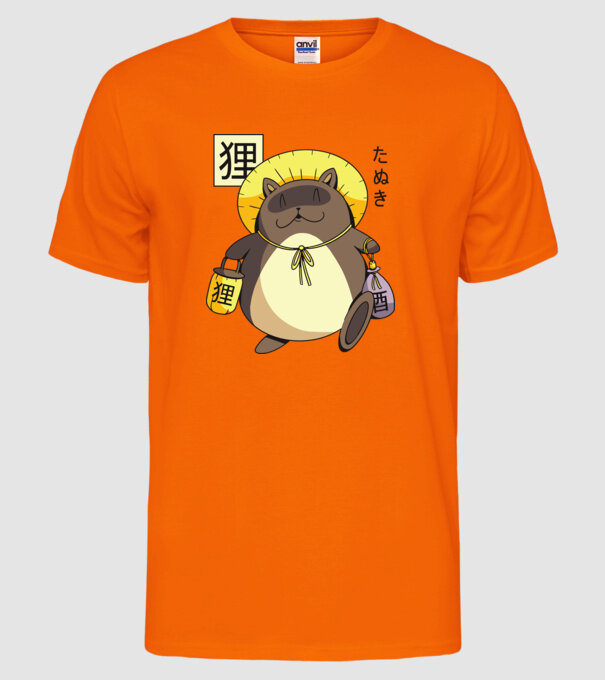 Tanuki Yokai model portocaliu neon pe tricou