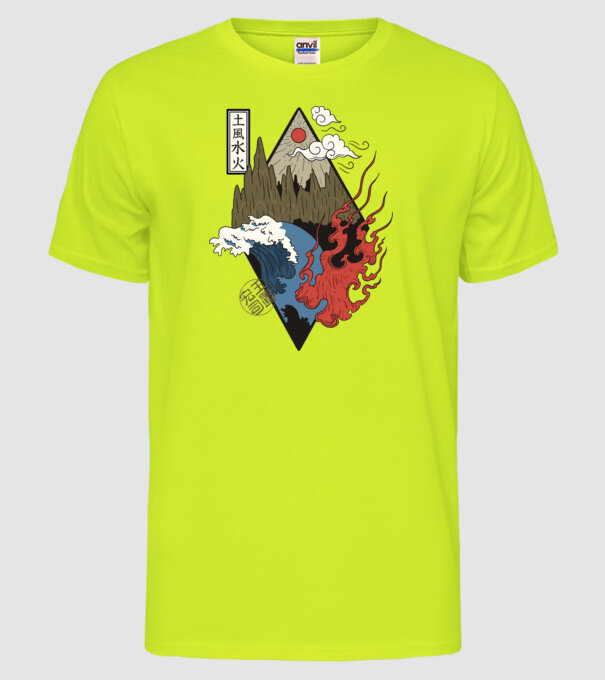 4 Elemente - Foc, Apă, Pământ, Aer model galben neon pe tricou