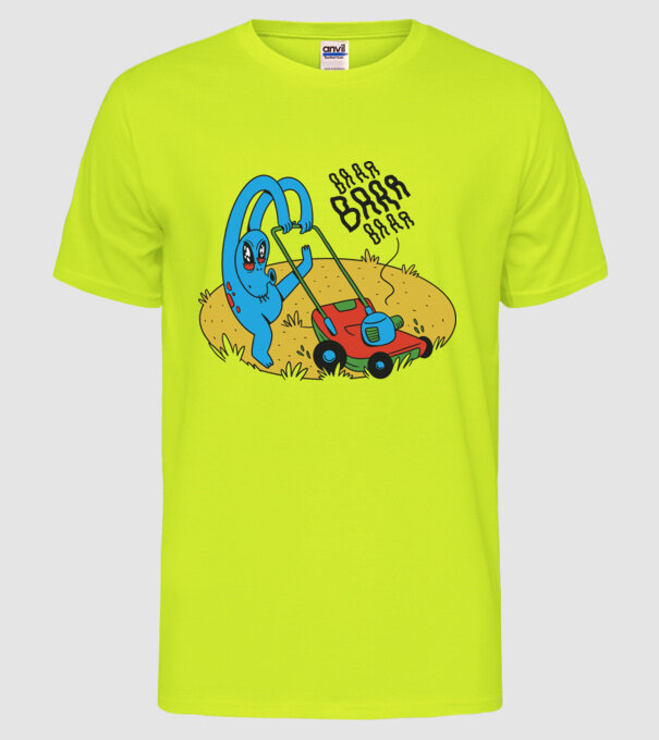 Alien cu Mașină de tuns iarba model galben neon pe tricou