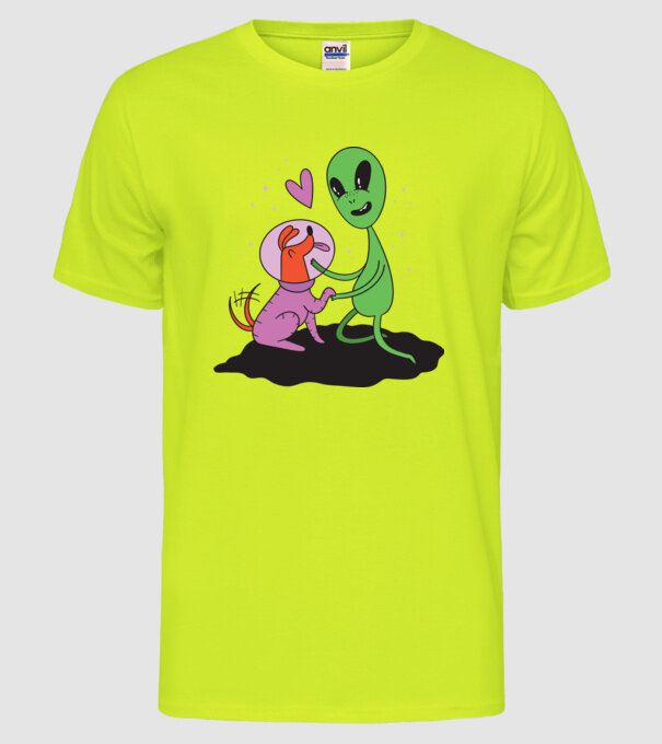 Alien cu câine model galben neon pe tricou