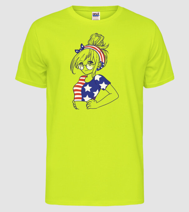 fată Americană Anime model galben neon pe tricou