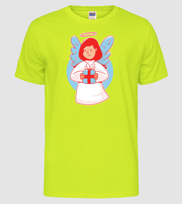 Înger cu un cadou model galben neon pe tricou
