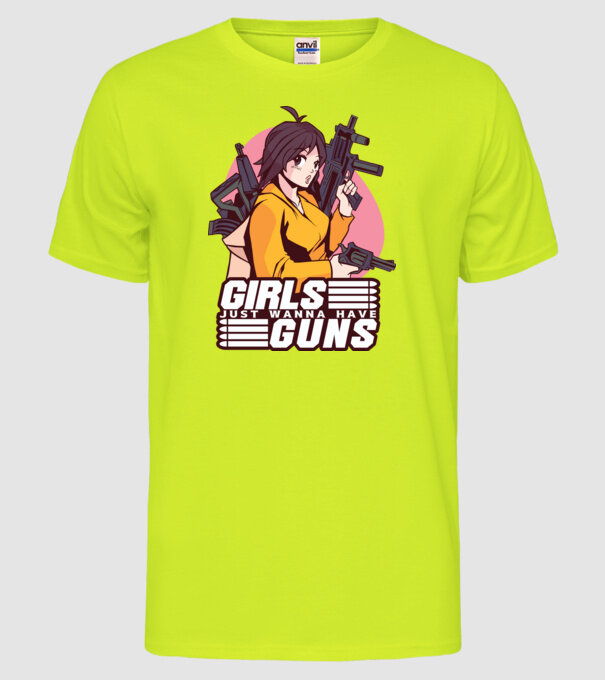 Anime fată cu armă model galben neon pe tricou