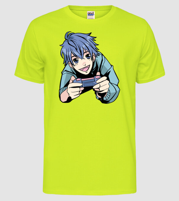 Anime băiat Gamer model galben neon pe tricou