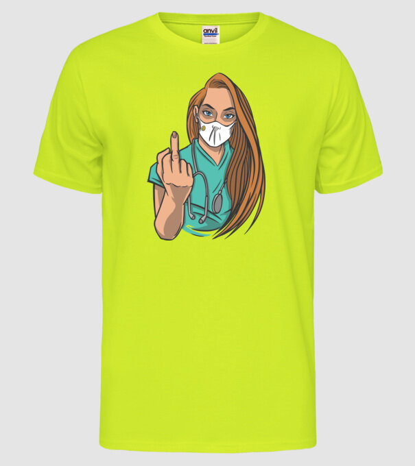 Asistentă medicală arată degetul model galben neon pe tricou