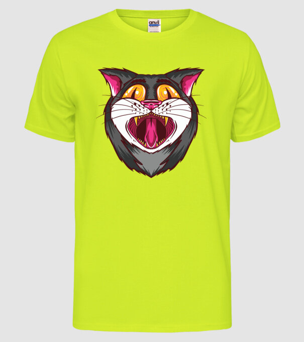 Pisică care cască model galben neon pe tricou