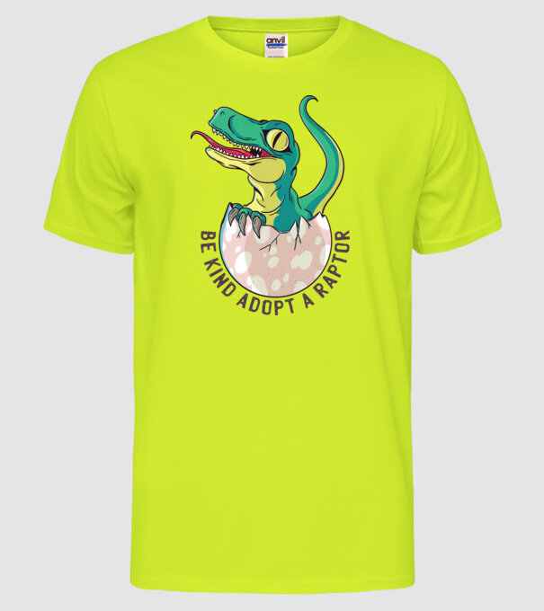 Be kind adopt a Raptor tricou cu dinozaur model galben neon pe tricou