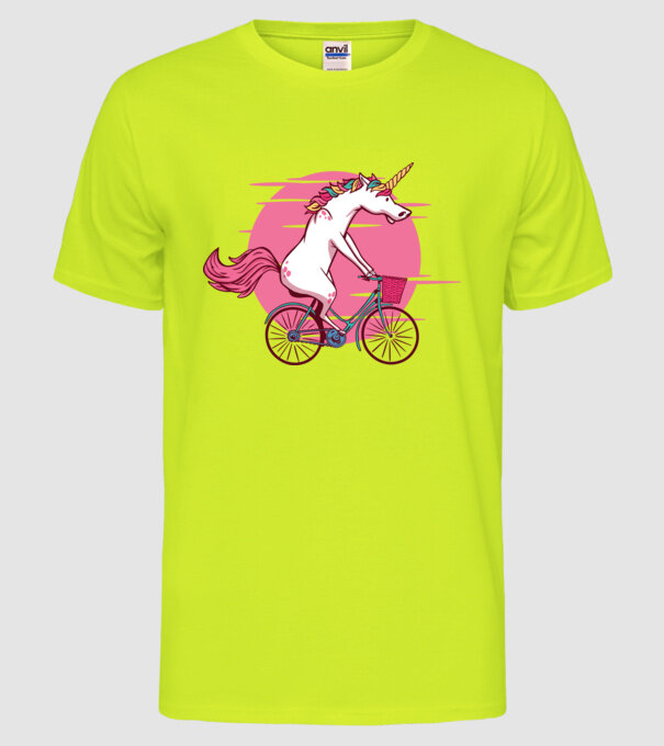 Unicorn cu bicicletă model galben neon pe tricou