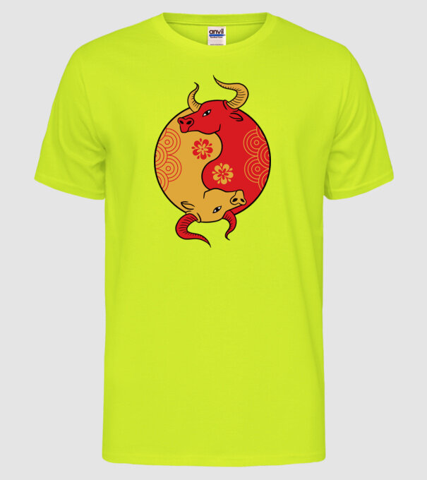 Bivol Yin Yang model galben neon pe tricou