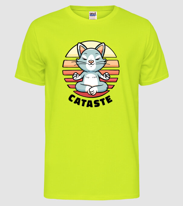 Pisică Cataste meditație model galben neon pe tricou