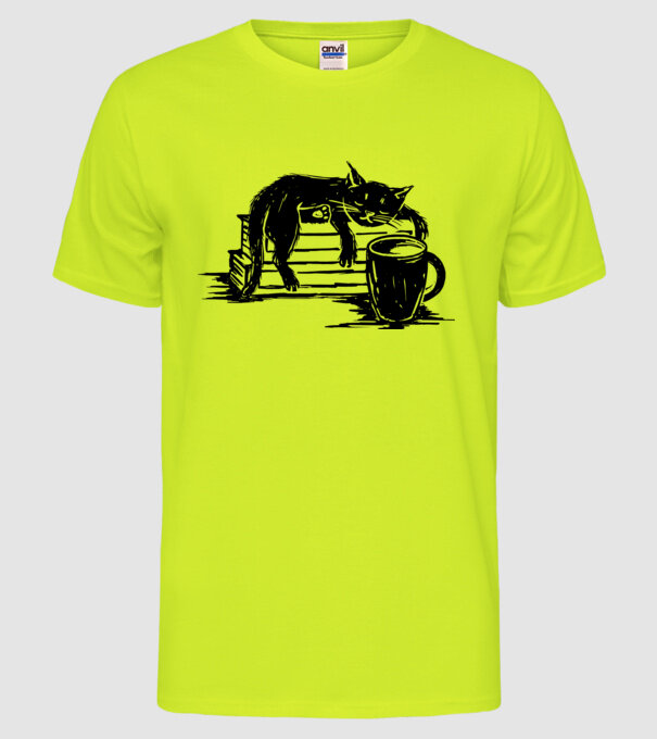 Pisică și cafea model galben neon pe tricou