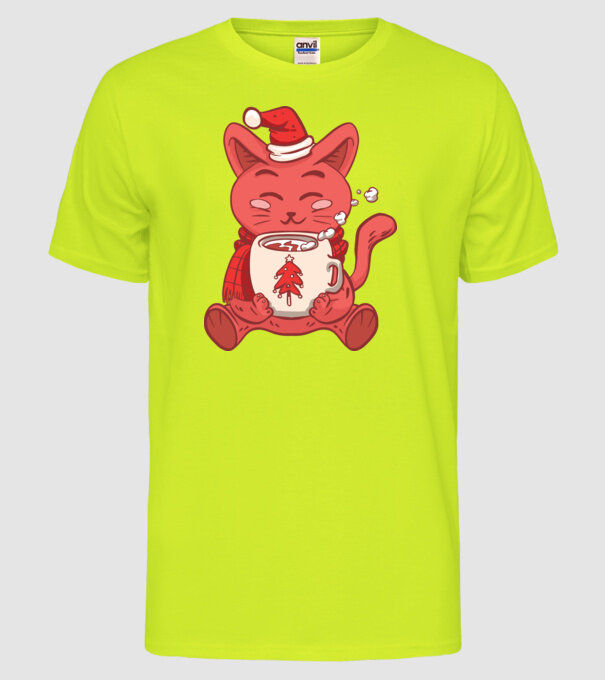 Pisică cu ciocolată caldă model galben neon pe tricou