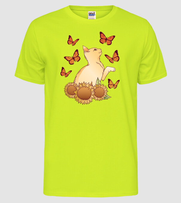 Pisică cu fluturi model galben neon pe tricou