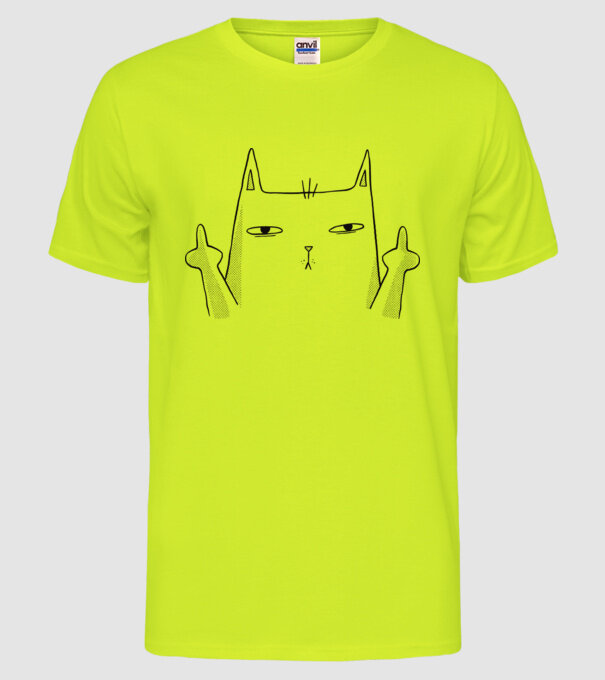 Pisică desen arată degetul model galben neon pe tricou