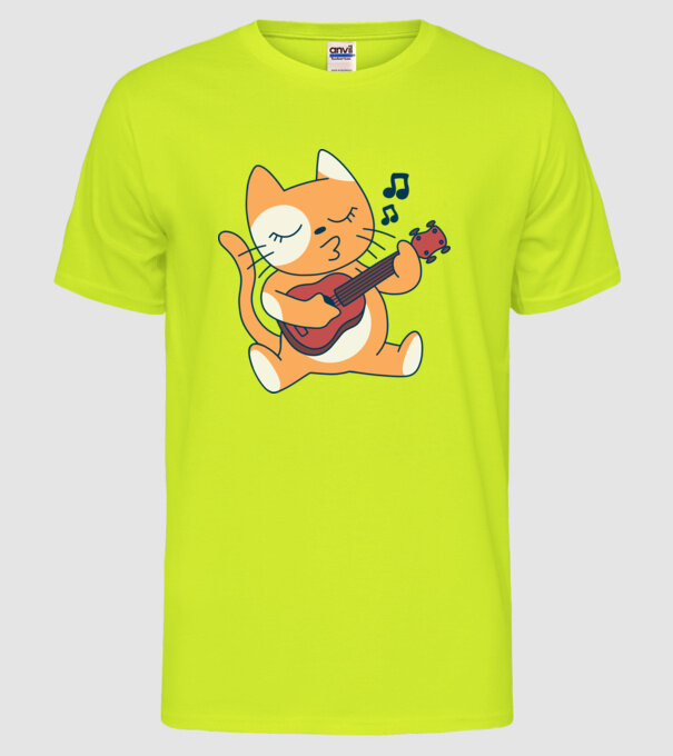 Pisică chitară Ukulele model galben neon pe tricou