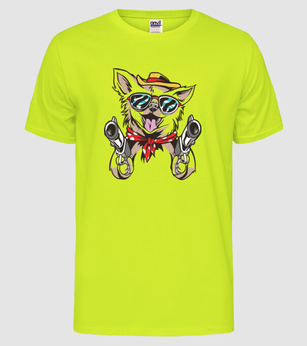 Chihuahua cu Pistol model galben neon pe tricou