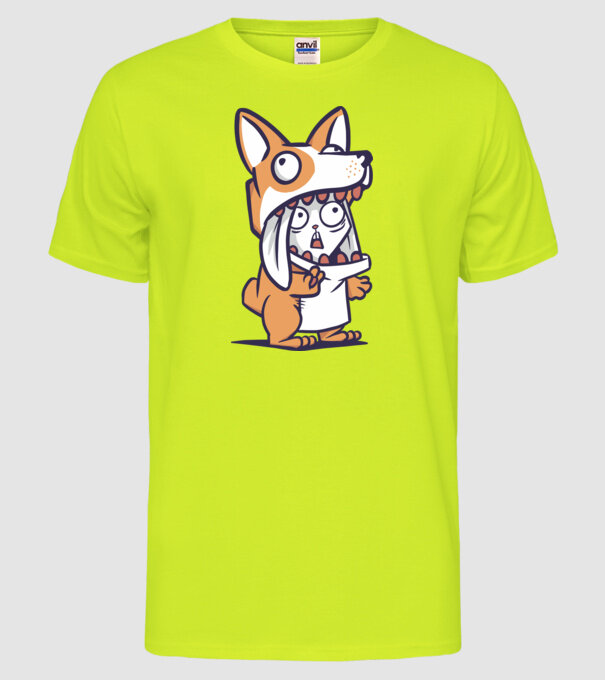 Iepuraș drăguț în costum Corgi model galben neon pe tricou