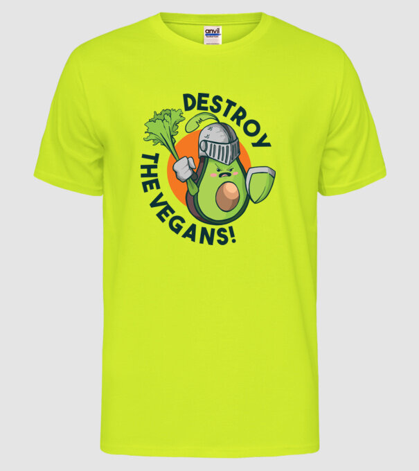 Destroy the Vegans - tricou amuzant războinic Avocado model galben neon pe tricou
