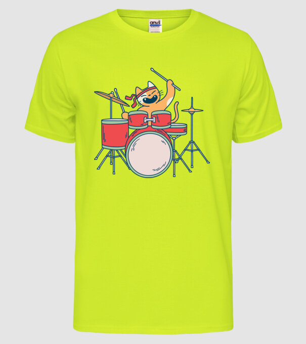 Pisică Baterist model galben neon pe tricou