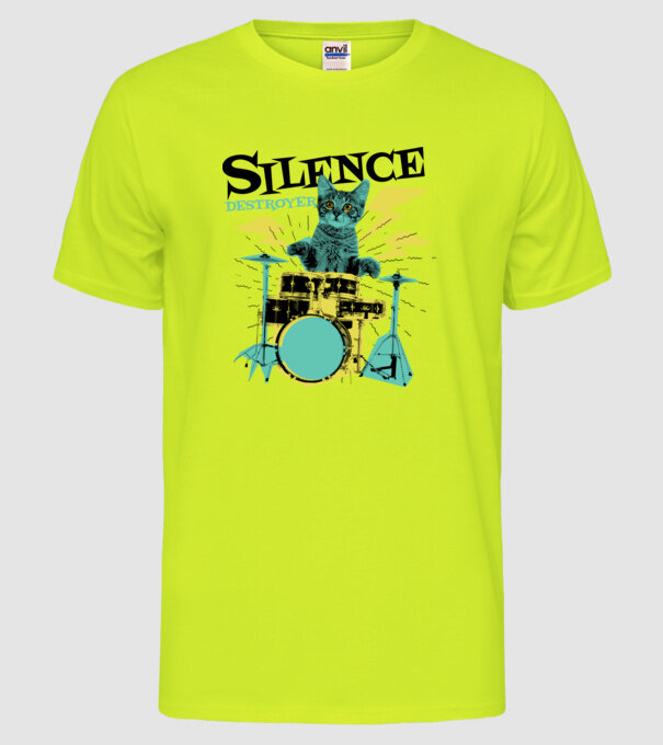 Pisică Baterist - Silence Destroyer model galben neon pe tricou