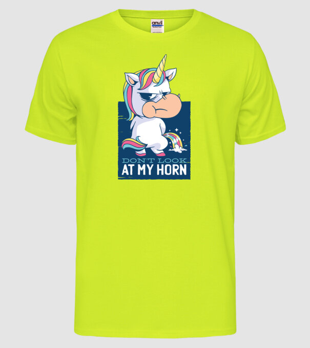 'Don''t look at my horn tricou amuzant unicorn' model galben neon pe tricou