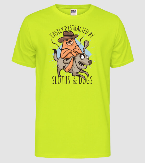 Easily Distracted by Sloths & Dogs model galben neon pe tricou