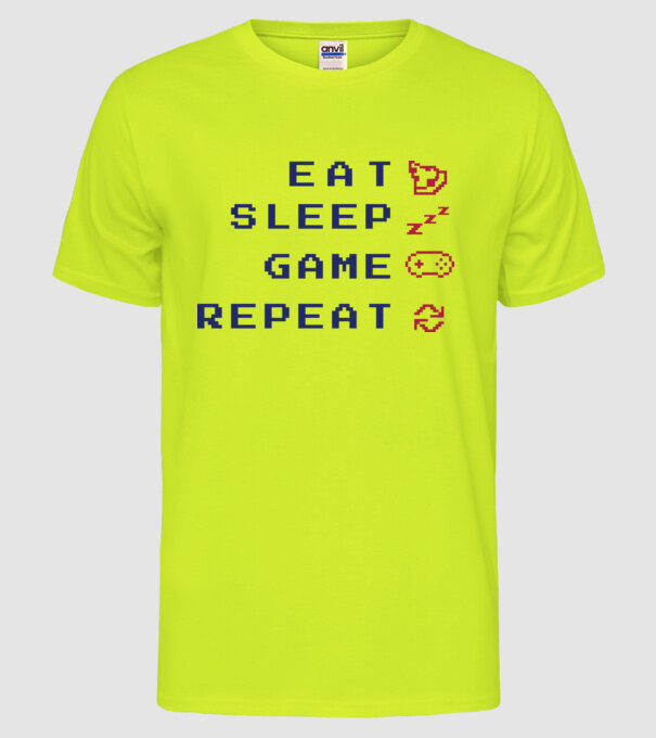 Eat Sleep Game Repeat model galben neon pe tricou