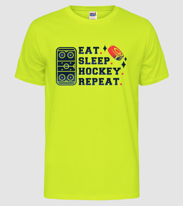Eat Sleep Hockey Repeat model galben neon pe tricou