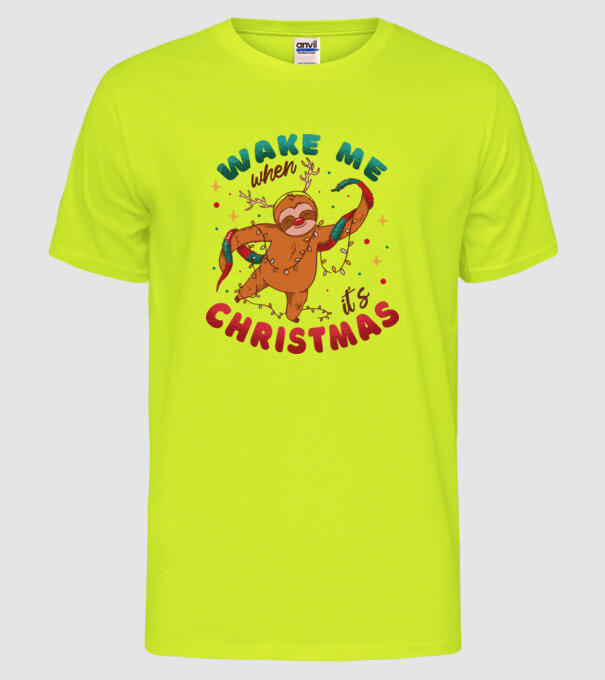 Treziți-mă când e Crăciunul, leneș model galben neon pe tricou