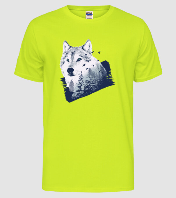 Tricou design Pădure Lup model galben neon pe tricou