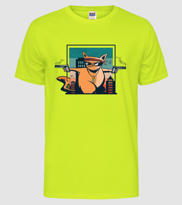 Pisică Gangster model galben neon pe tricou