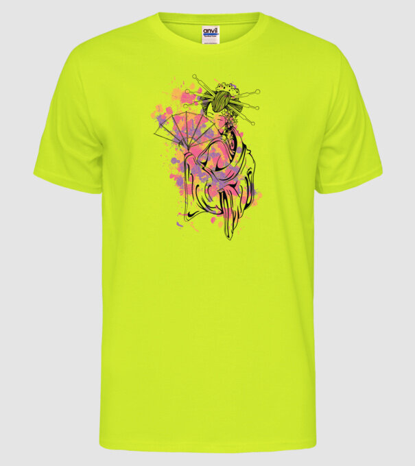 Geisha cu evantai model galben neon pe tricou