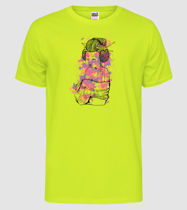 Geisha colorată model galben neon pe tricou