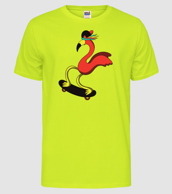 Flamingo Skateboarder model galben neon pe tricou