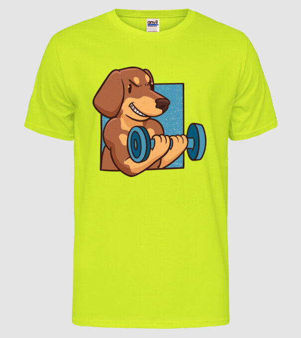 Teckel body builder model galben neon pe tricou