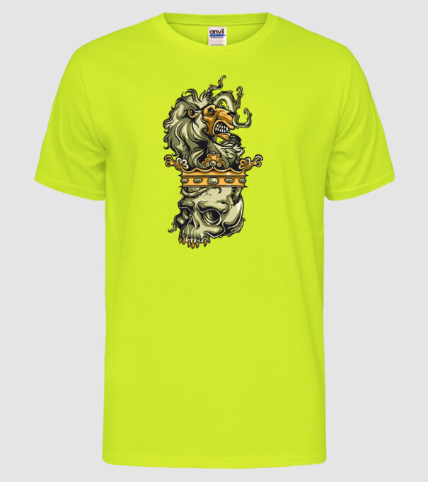 Half Lion Half Skull model galben neon pe tricou