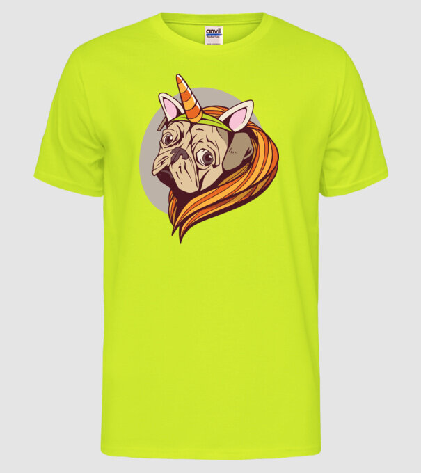 Halloween Mops în costum de Unicorn model galben neon pe tricou