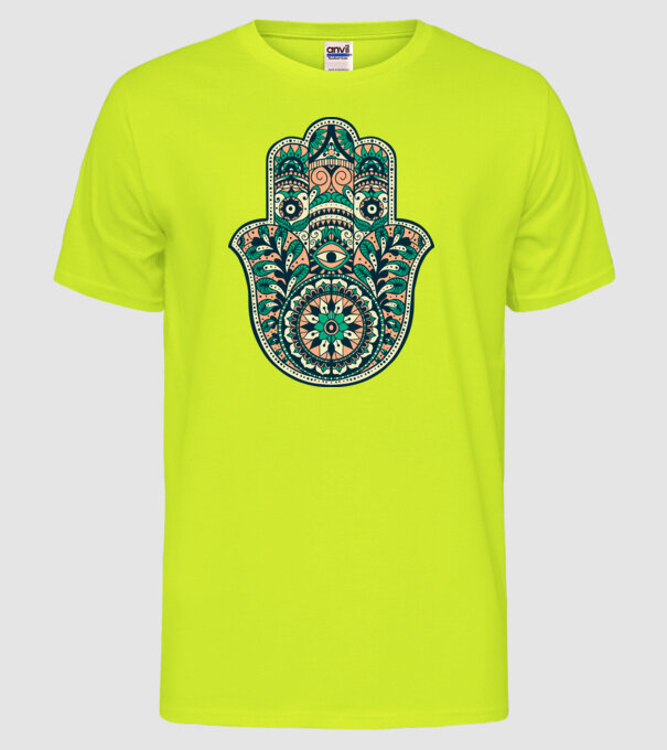 Mână Hamza - Mâna lui Dumnezeu Mandala model galben neon pe tricou