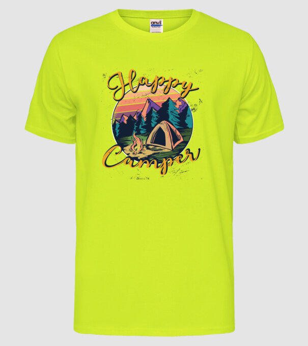 Happy Camper tricou camping model galben neon pe tricou