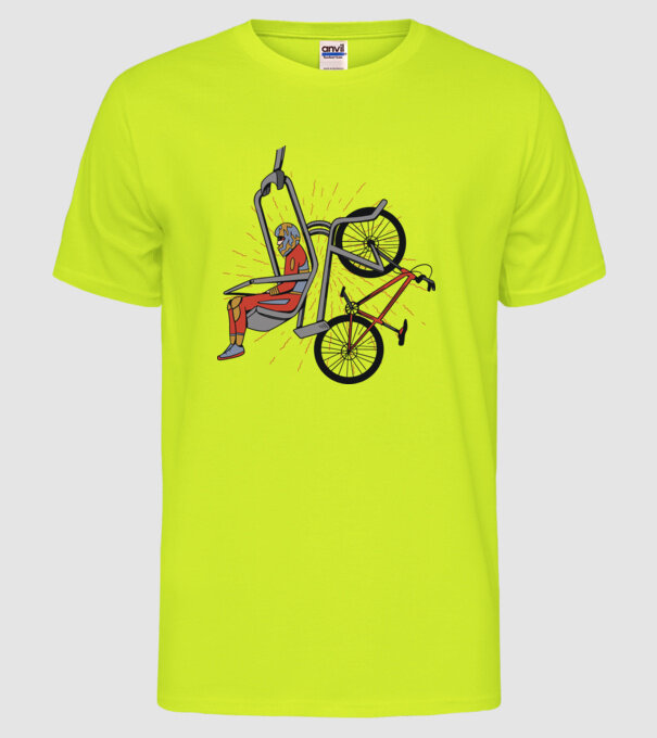 Biciclist montain bike pe teleferic model galben neon pe tricou