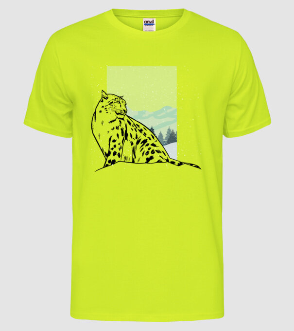 Leopard de zăpadă pisică mare model galben neon pe tricou
