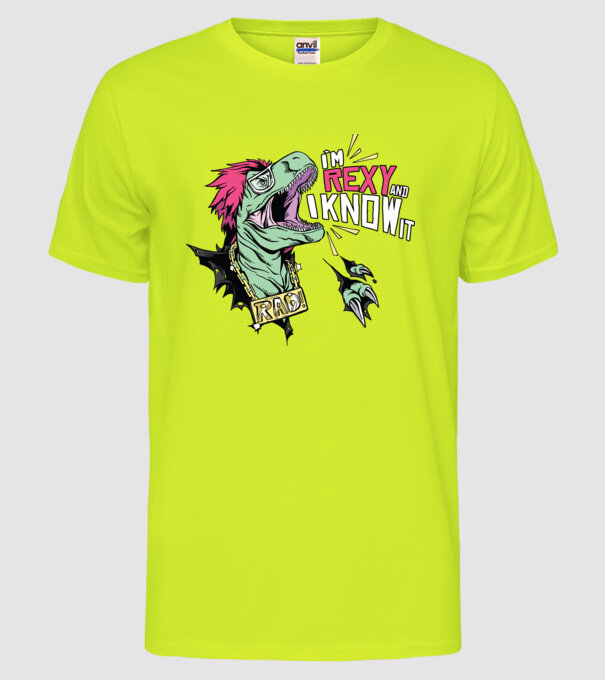 'I''m Rexy and I know it - tricou dinozaur amuzant' model galben neon pe tricou
