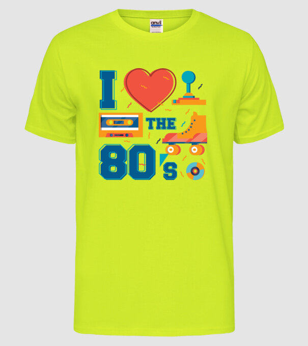 'I love the 80s - Iubesc anii ''80' model galben neon pe tricou