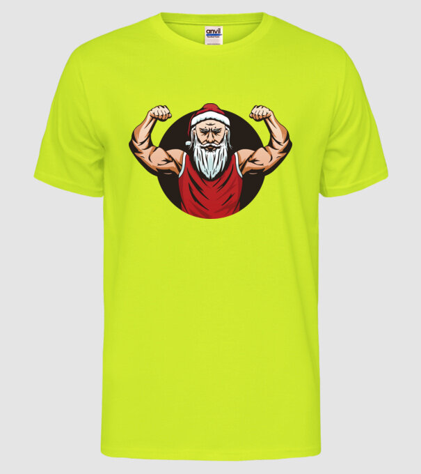 Moș Crăciun musculos model galben neon pe tricou