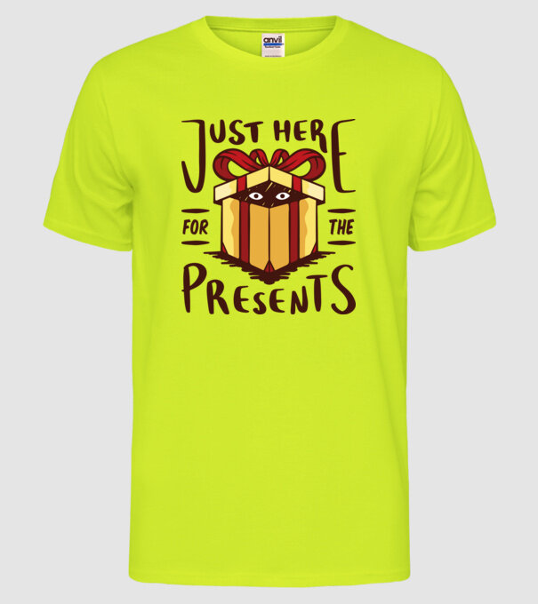 Just here for the presents tricou de Crăciun model galben neon pe tricou