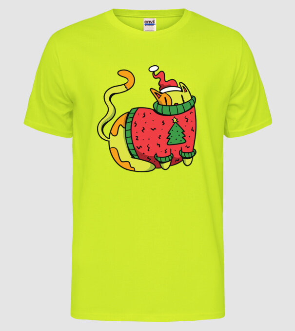 Pisică de Crăciun model galben neon pe tricou
