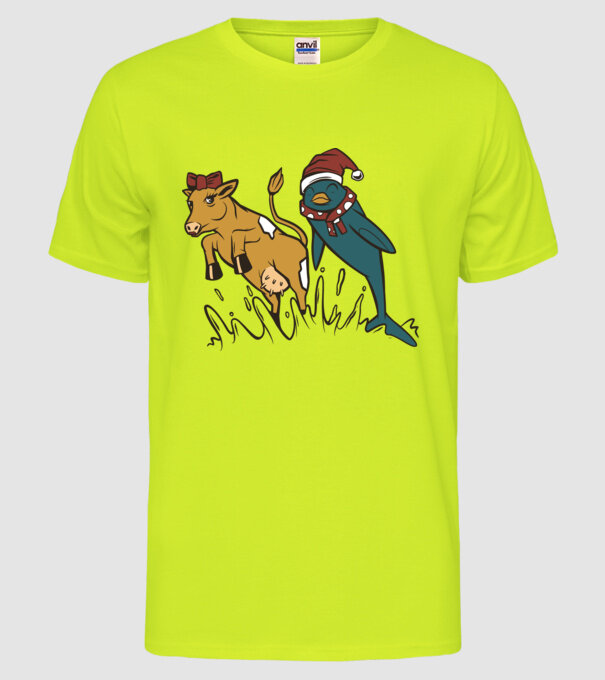 Delfin și Vacă de Crăciun model galben neon pe tricou