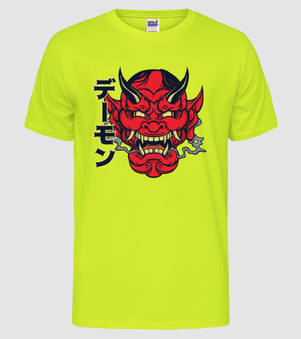 Mască demon chinez model galben neon pe tricou