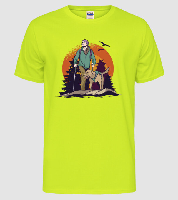 Excursie cu câine model galben neon pe tricou